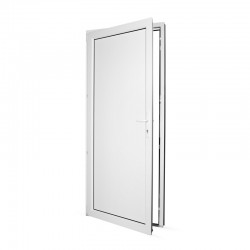 Plastové vedlejší vchodové dveře jednokřídlé 88x208 cm (880x2080 mm), plné, bílé, LEVÉ - pohled z interiéru - otevřené
