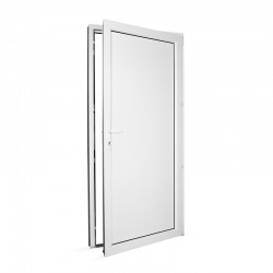 Plastové vedlejší vchodové dveře jednokřídlé 98x208 cm (980x2080 mm), plné, bílé, PRAVÉ - pohled z interiéru - otevřené