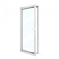 Plastové vedlejší vchodové dveře jednokřídlé 88x208 cm (880x2080 mm), prosklené, bílé, LEVÉ - pohled z interiéru - otevřené