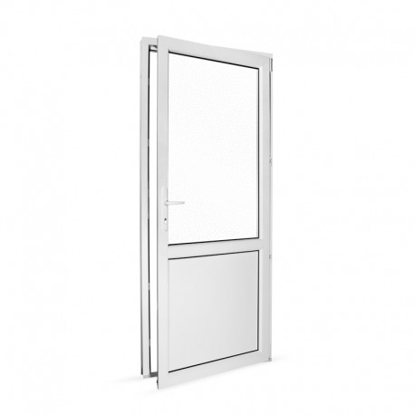 Plastové vedlejší vchodové dveře jednokřídlé 88x208 cm (880x2080 mm), dělené, bílé, PRAVÉ - pohled z interiéru - otevřené