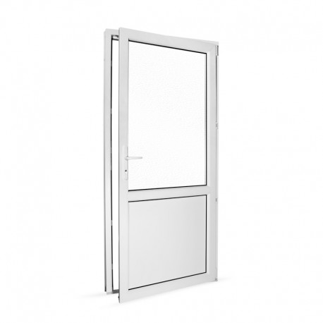 Plastové vedlejší vchodové dveře jednokřídlé 98x208 cm (980x2080 mm), dělené, bílé, PRAVÉ - pohled z interiéru - otevřené