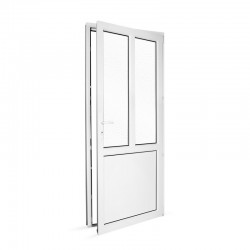 Plastové vedlejší vchodové dveře jednokřídlé 88x208 cm (880x2080 mm), dělené, bílé, PRAVÉ - pohled z interiéru - otevřené
