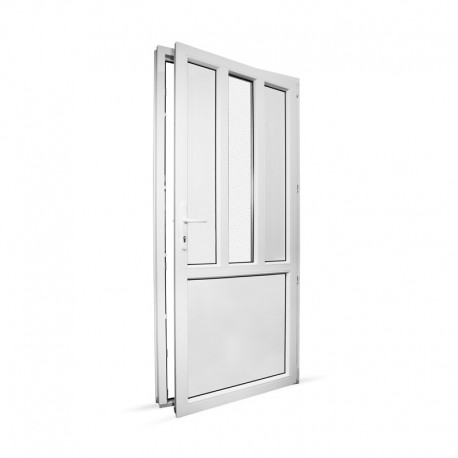 Plastové vedlejší vchodové dveře jednokřídlé 98x208 cm (980x2080 mm), dělené D4, bílé, PRAVÉ - pohled z interiéru - otevřené