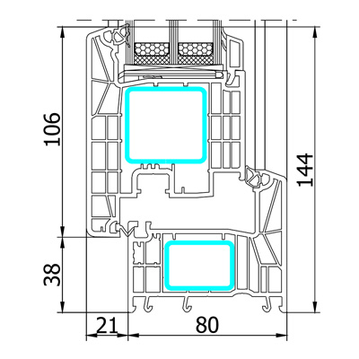 Technický řez profilu P-Line Door Basic Křídlo T106 + Rám 72 AD