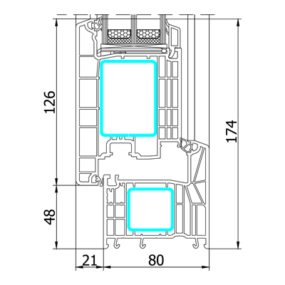 Technický řez profilu P-Line Door Premium Křídlo T126 + Rám 82 AD