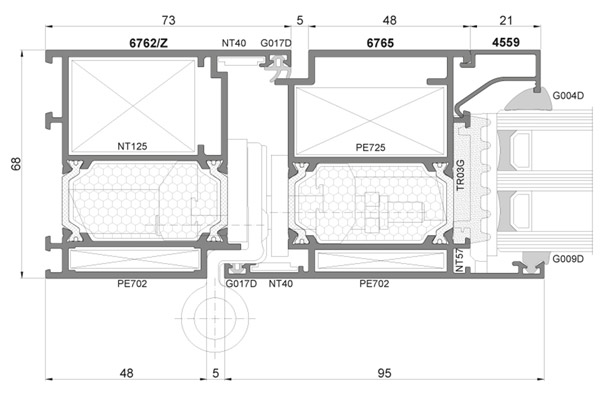 Technický řez profilu Ponzio PE68 HI Door